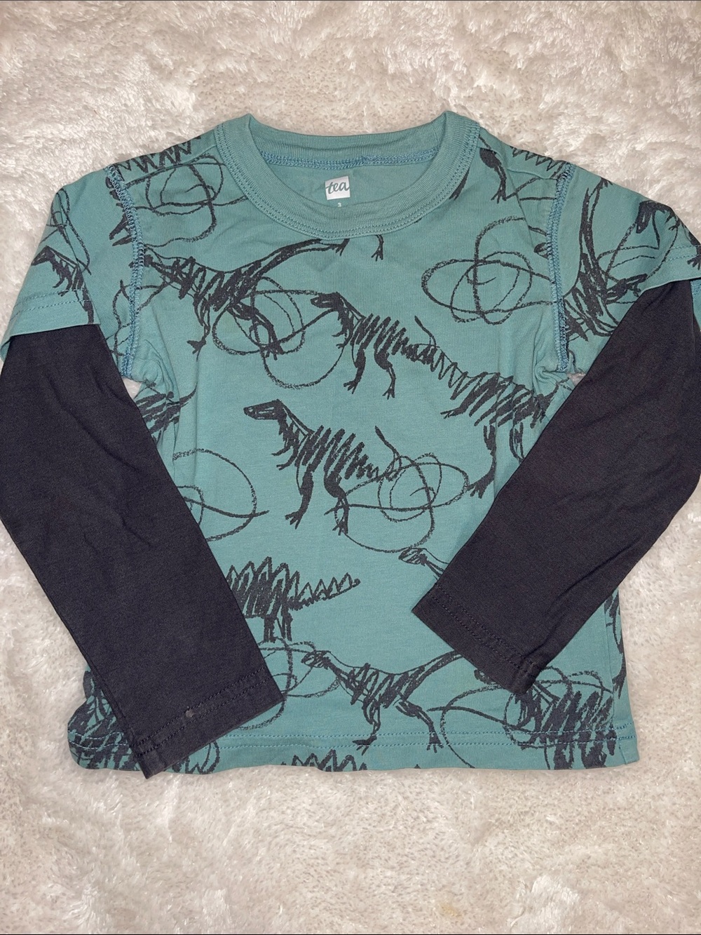 Tea Collection Teal Dinosaur Print Layered-Look Long Sleeve Top